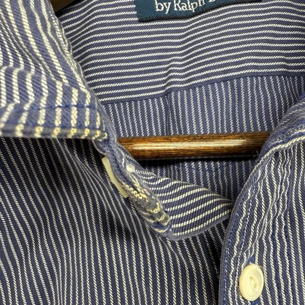 Vintage Ralph laure Shirt Men's XL Blue White Striped PRL Chinstrap Work Pocket
